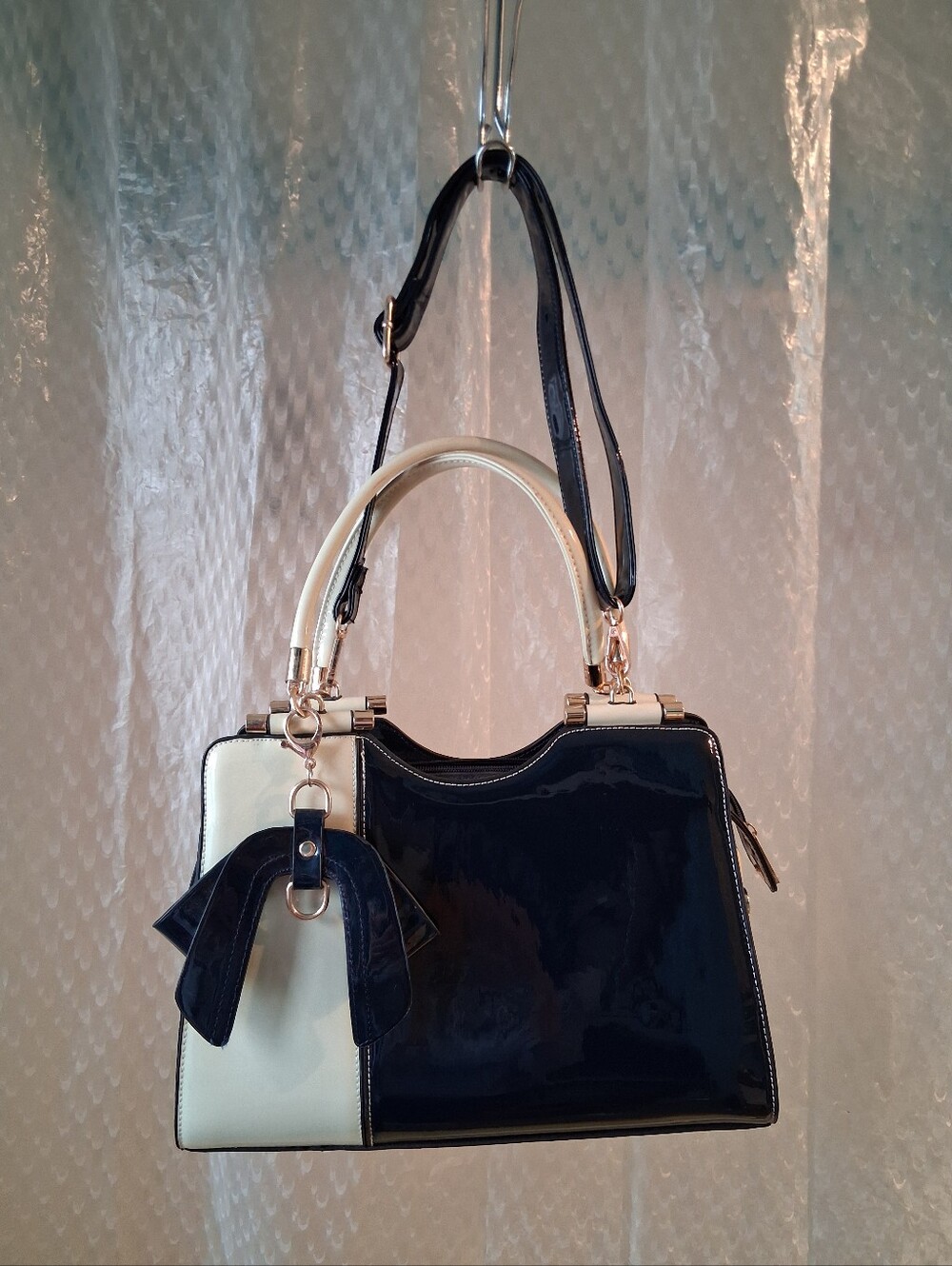 Scarleton Two-Tone Navy Blue and Cream Patent Satchel Handbag Preowned